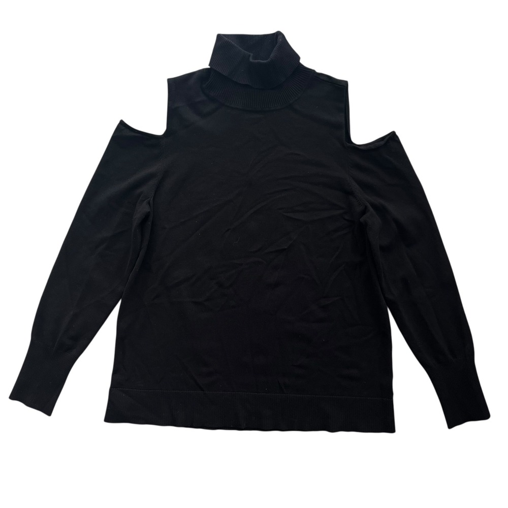 525 America Women Sz L Black Cold Shoulder Turtleneck Ribbed Knit Sweater Grunge - Picture 2 of 15